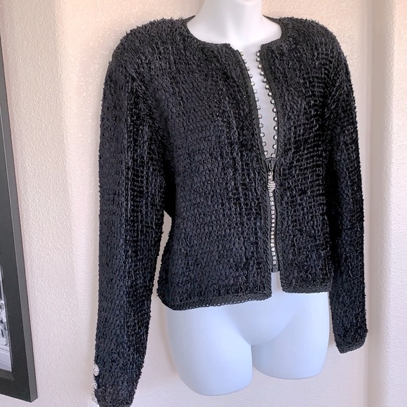 ESTELLE GLACER embellished cardigan chenille rhinestones, black hand-woven L EUC - Picture 1 of 16